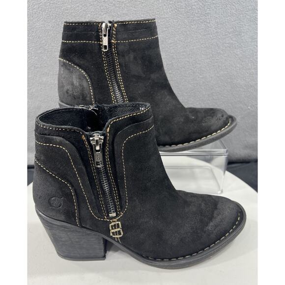 Born Alana Dual Zip Ankle Boots Booties Leather Boho Moto Womens Size 7.5 Black - Picture 1 of 14